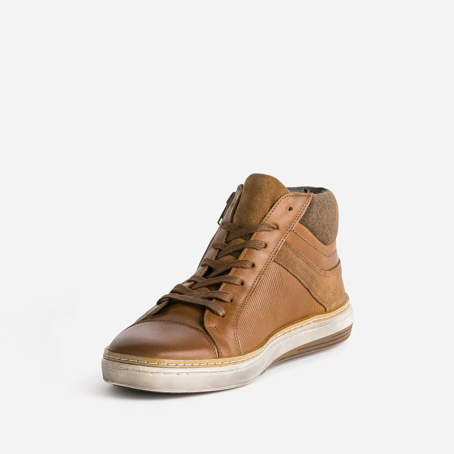 Basket cognac cuir empiècement textile - Baskets / Tennis Homme | ERAM