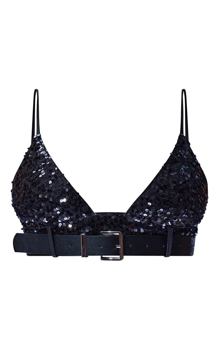 Bralette noire ornée de sequins à détail ceinture