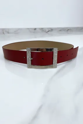 Ceinture bordeaux avec boucle rectangle strass et argenté