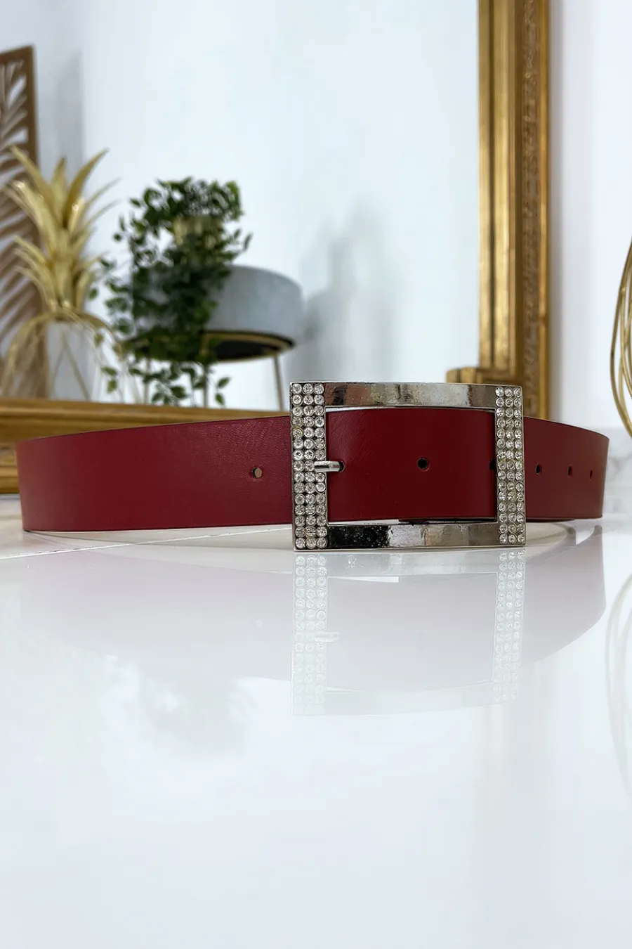 Ceinture bordeaux avec boucle rectangle strass et argenté