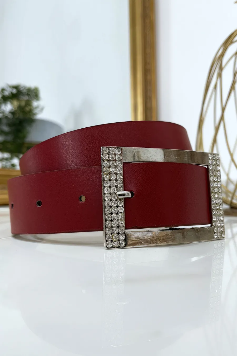 Ceinture bordeaux avec boucle rectangle strass et argenté