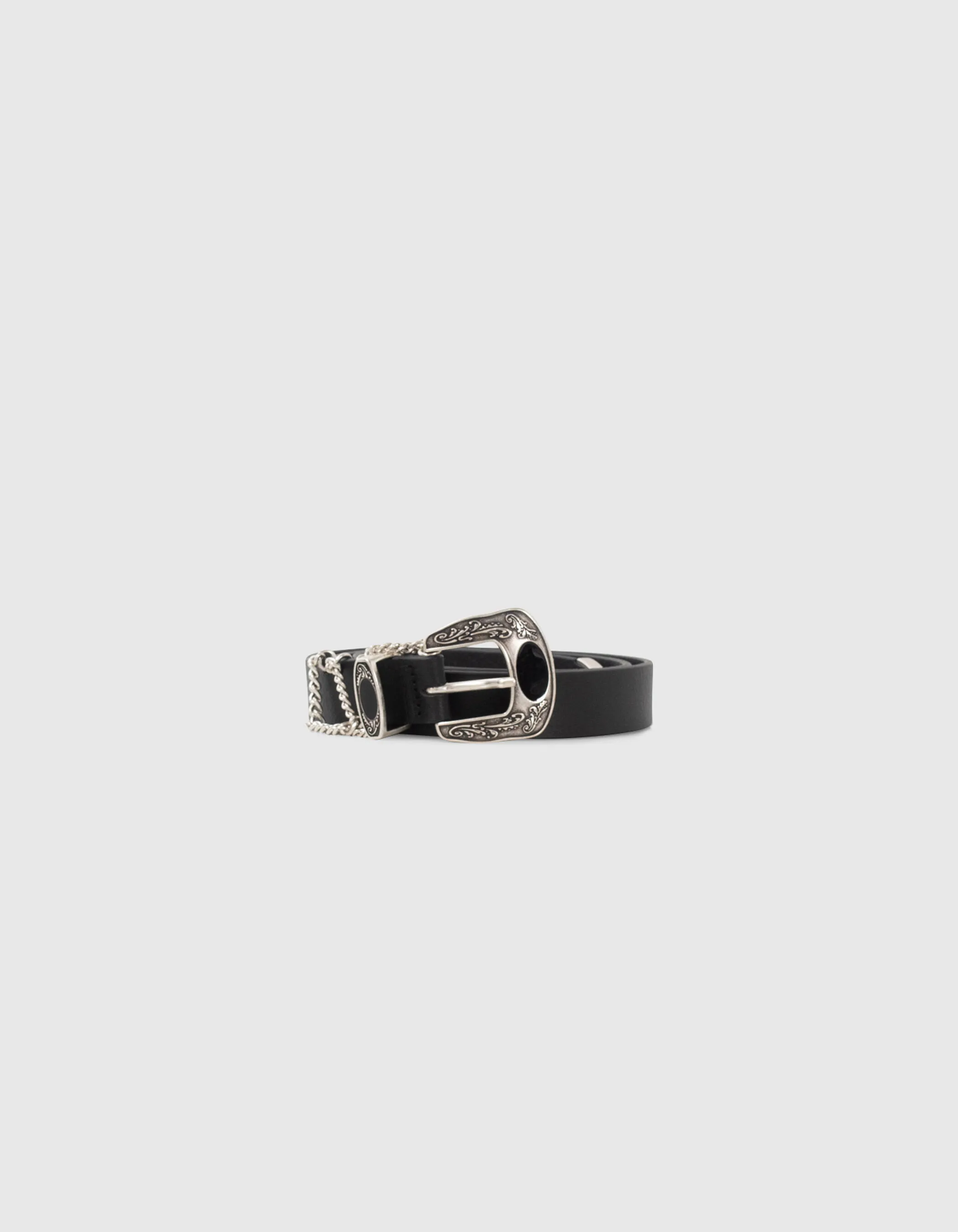 Ceinture noire cuir boucle gravée et chaînes Femme