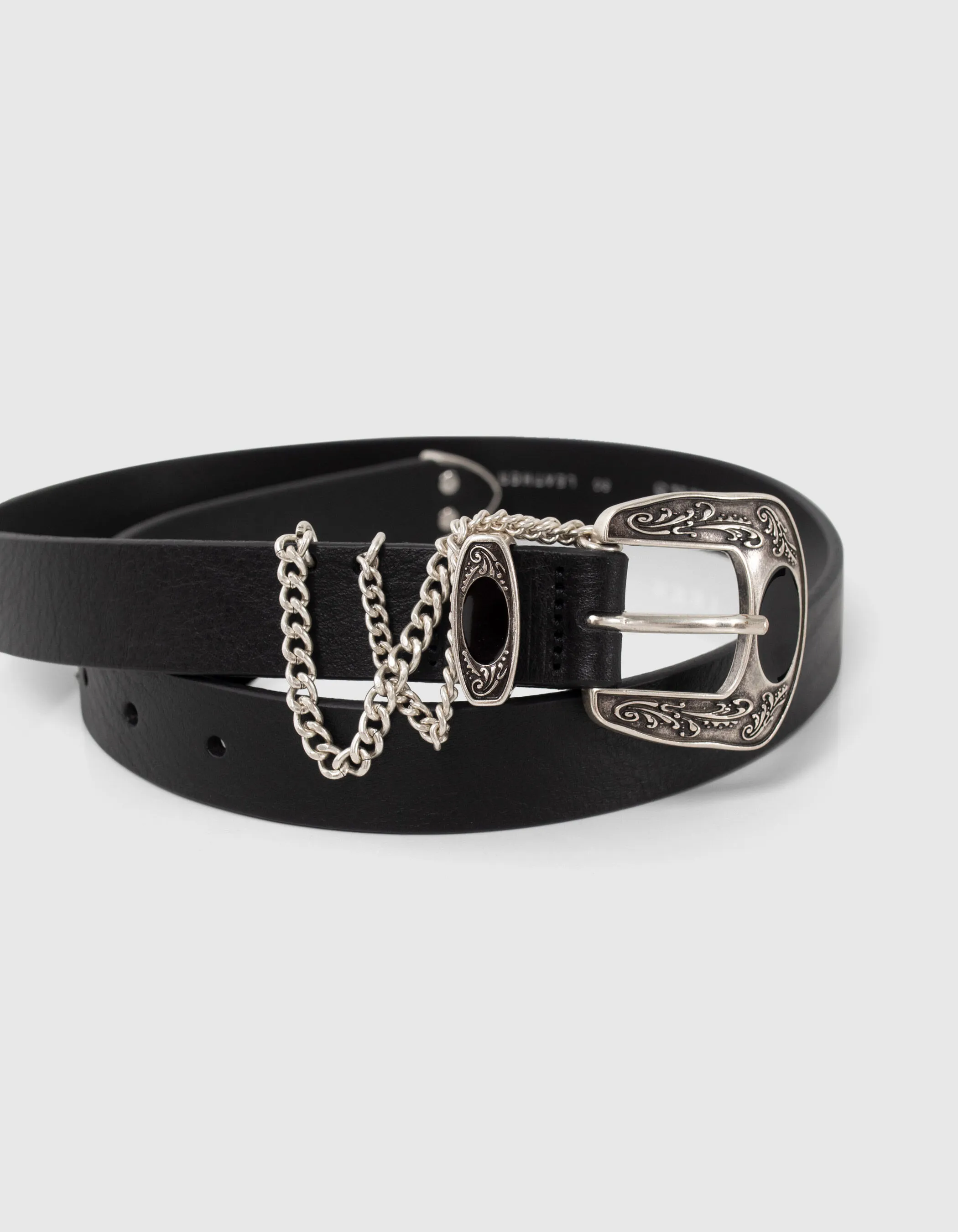 Ceinture noire cuir boucle gravée et chaînes Femme