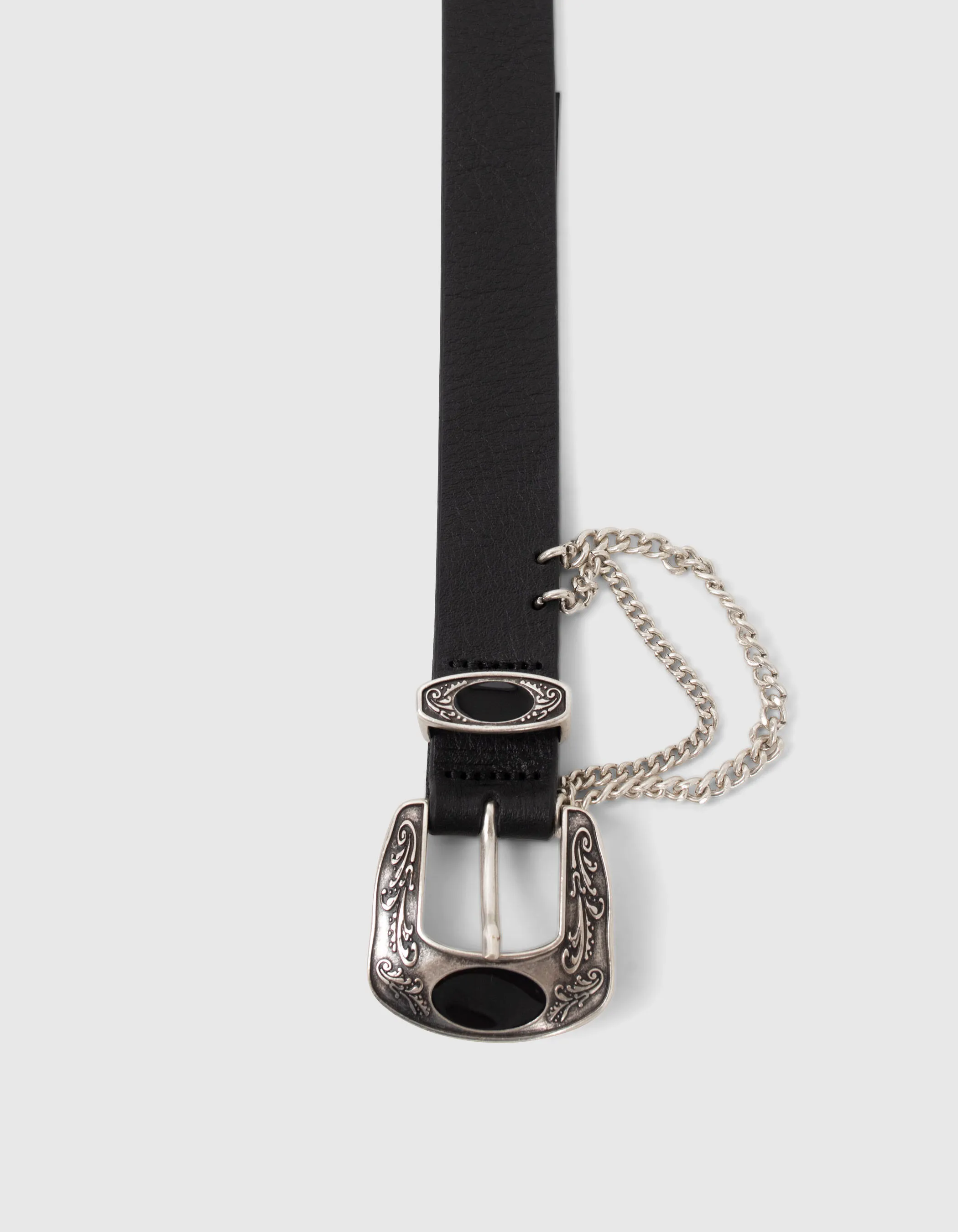 Ceinture noire cuir boucle gravée et chaînes Femme