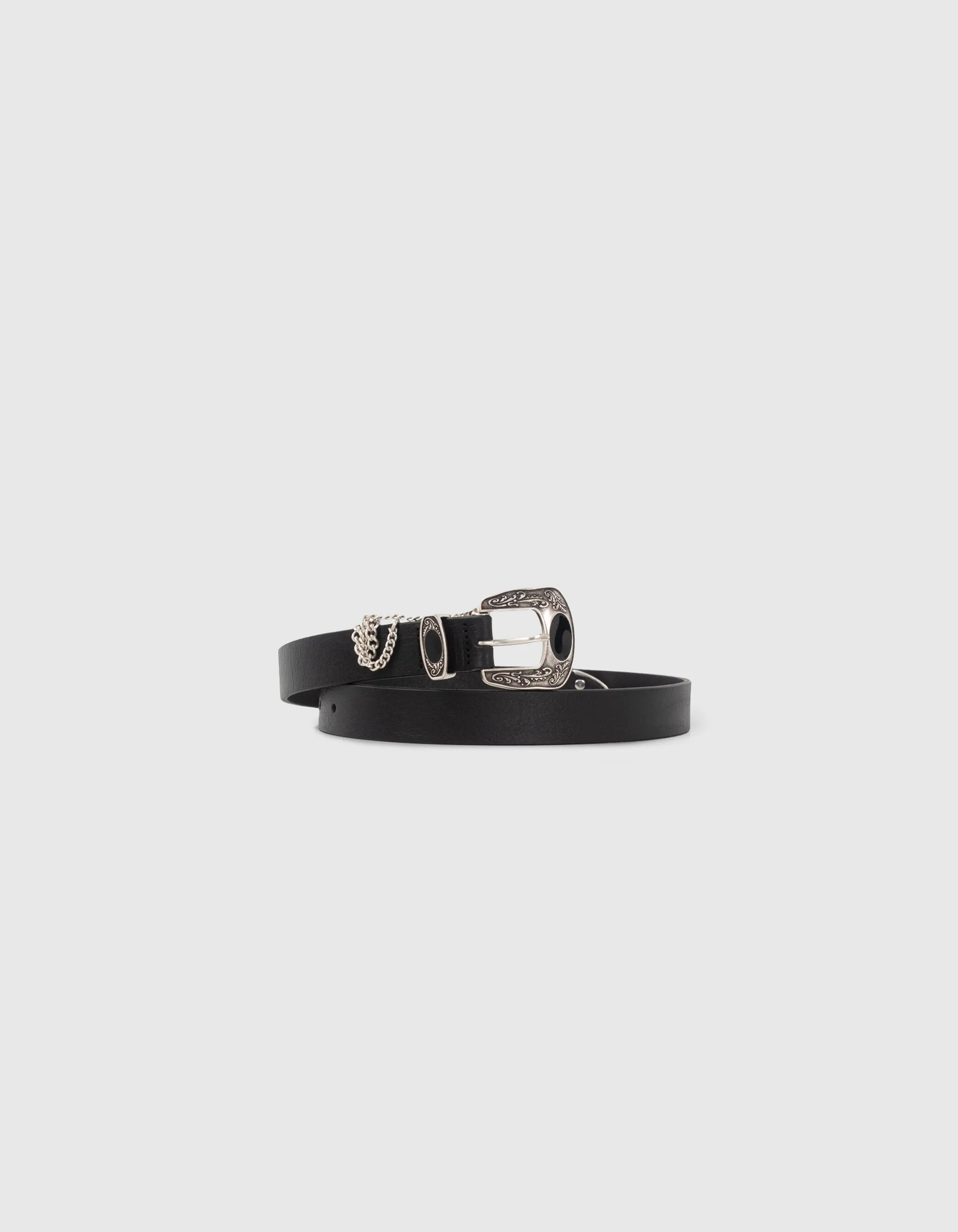 Ceinture noire cuir boucle gravée et chaînes Femme