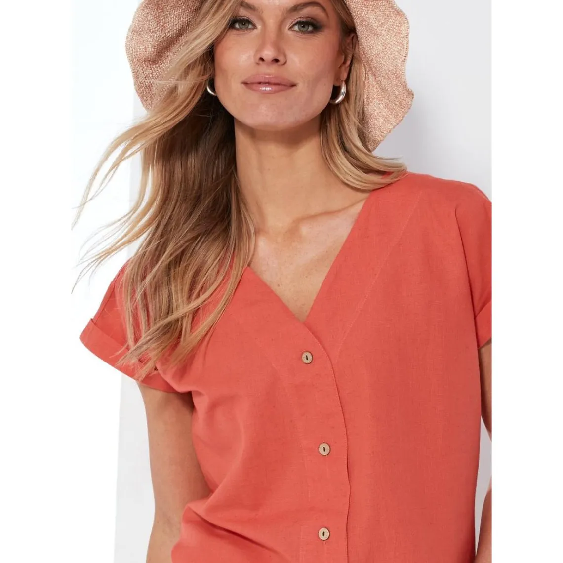 Chemise à manches courtes en coton slub corail | 3 Suisses