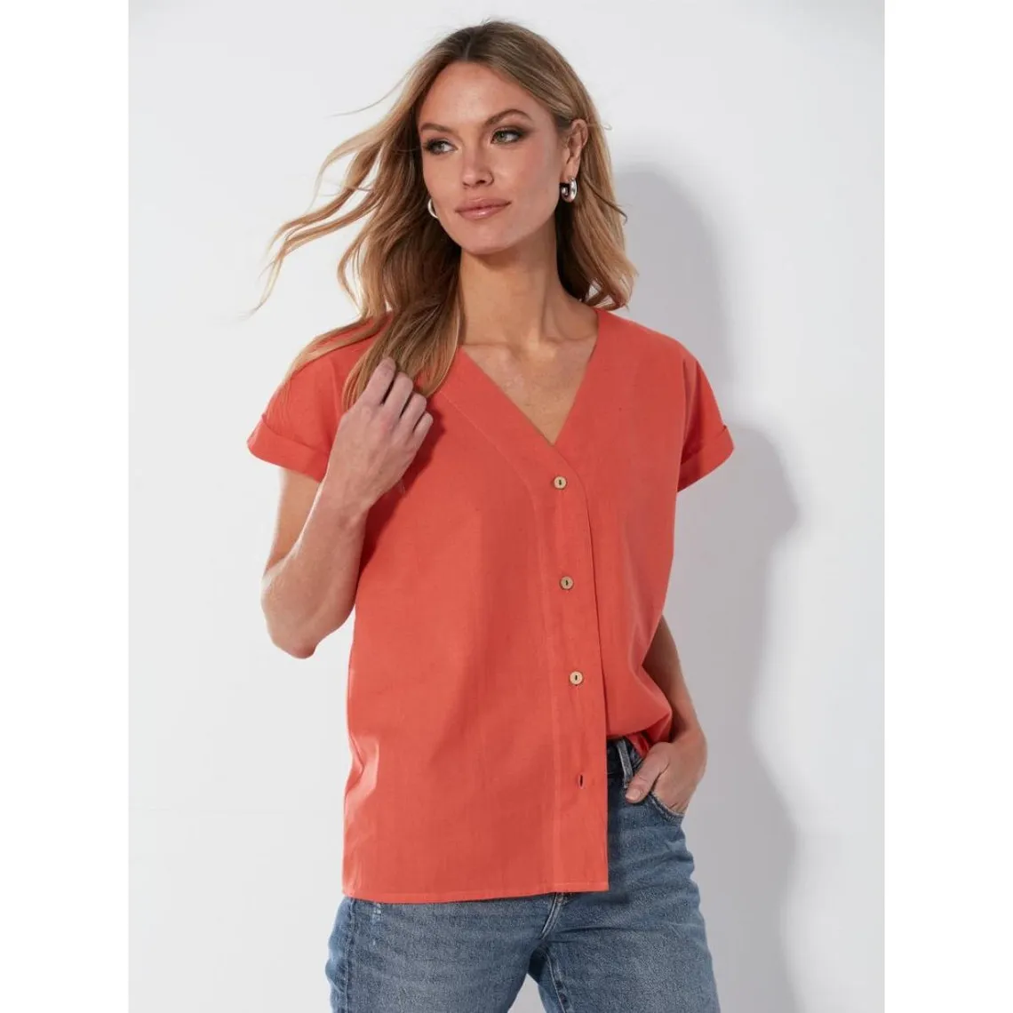 Chemise à manches courtes en coton slub corail | 3 Suisses