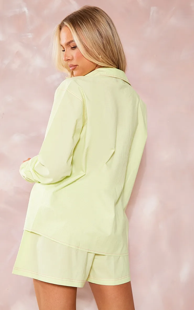 Chemise boutonnée oversize en coton vert citron clair à coutures contrastantes