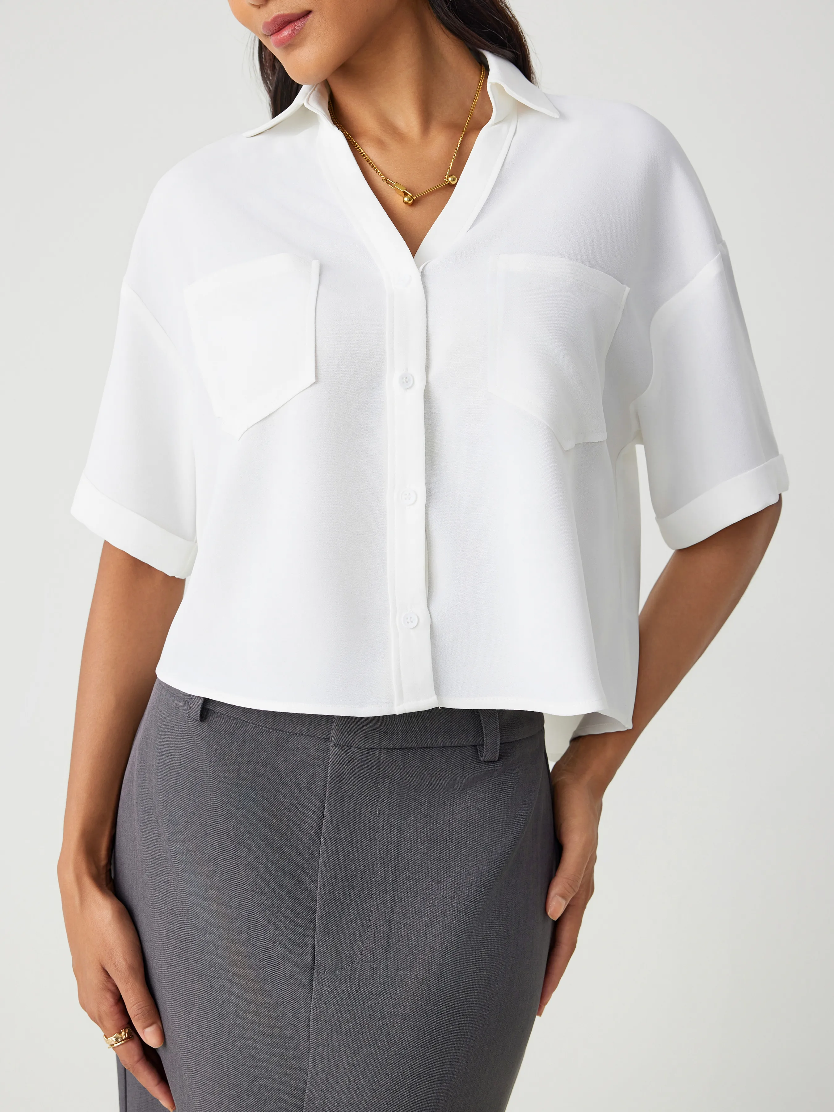  Chemise Crop à Manches Courtes avec Col et Poche