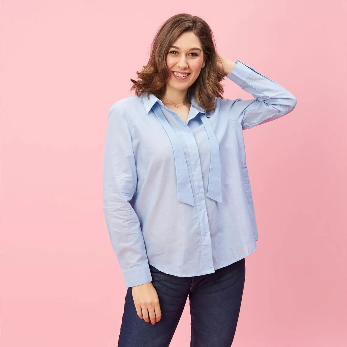 Chemise manches longues rubans effet cravate femme - Bleu en coton | 3 Suisses