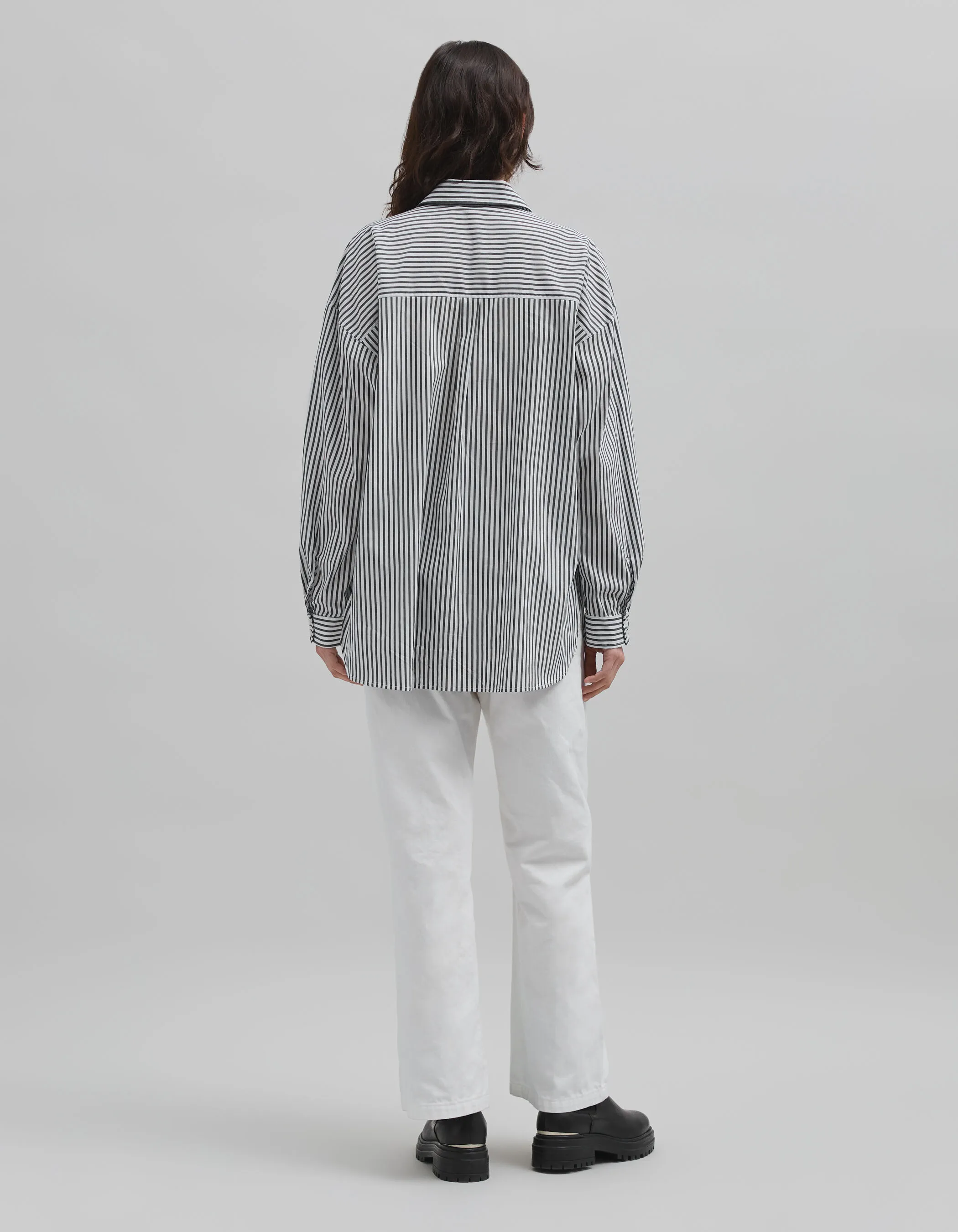 Chemise oversize noire rayée blanc broderie poche Femme