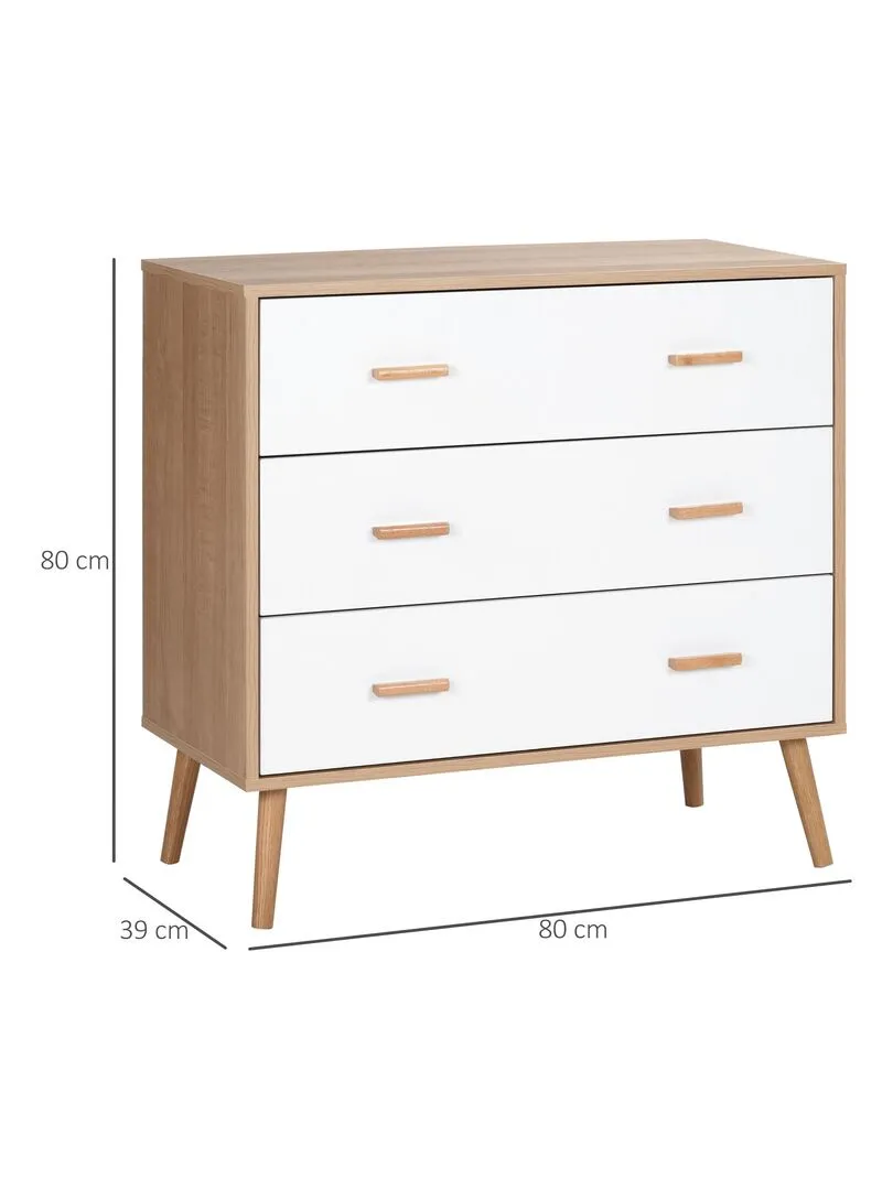 Commode scandinave sur pieds 3 tiroirs blanc aspect bois clair - Beige