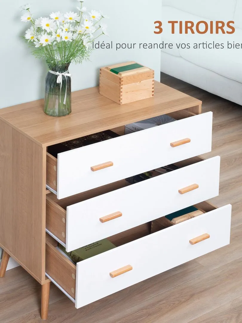 Commode scandinave sur pieds 3 tiroirs blanc aspect bois clair - Beige