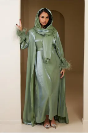 Ensemble 3 pièces abaya + gilet + voile satinée et plumes vert