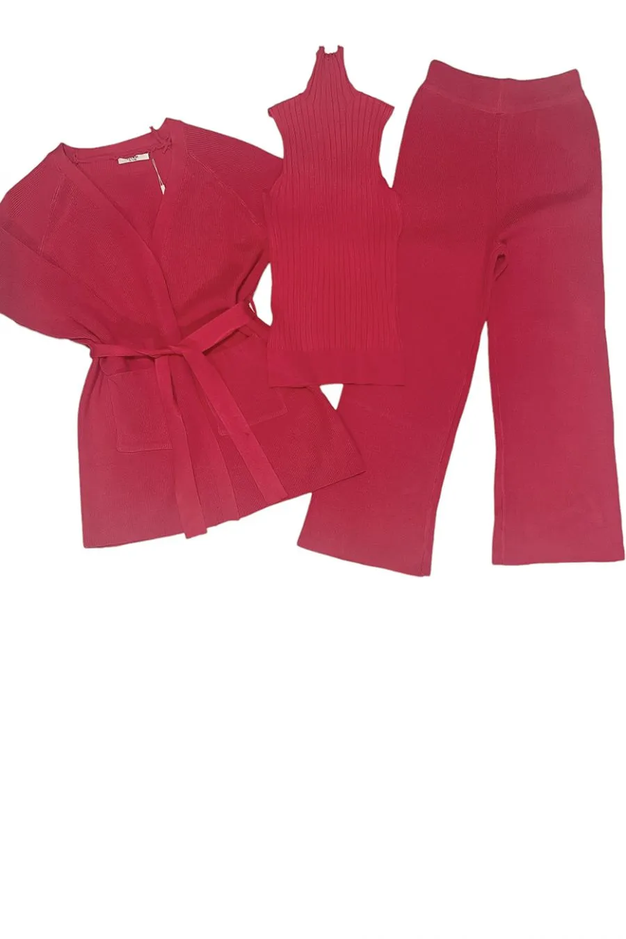 Ensemble 3 pièces gilet débardeur et pantalon palazzo fuchsia 