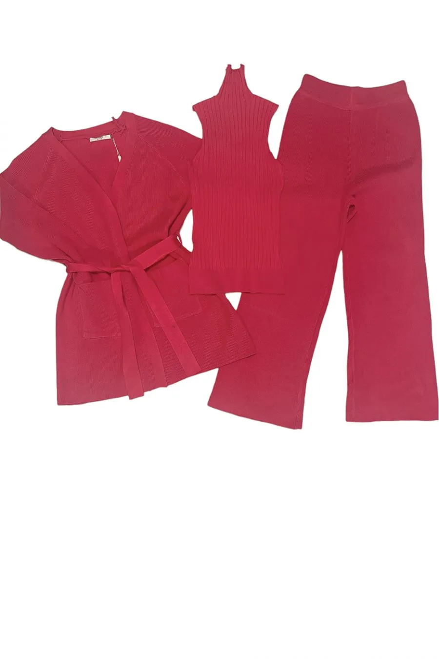 Ensemble 3 pièces gilet débardeur et pantalon palazzo fuchsia 