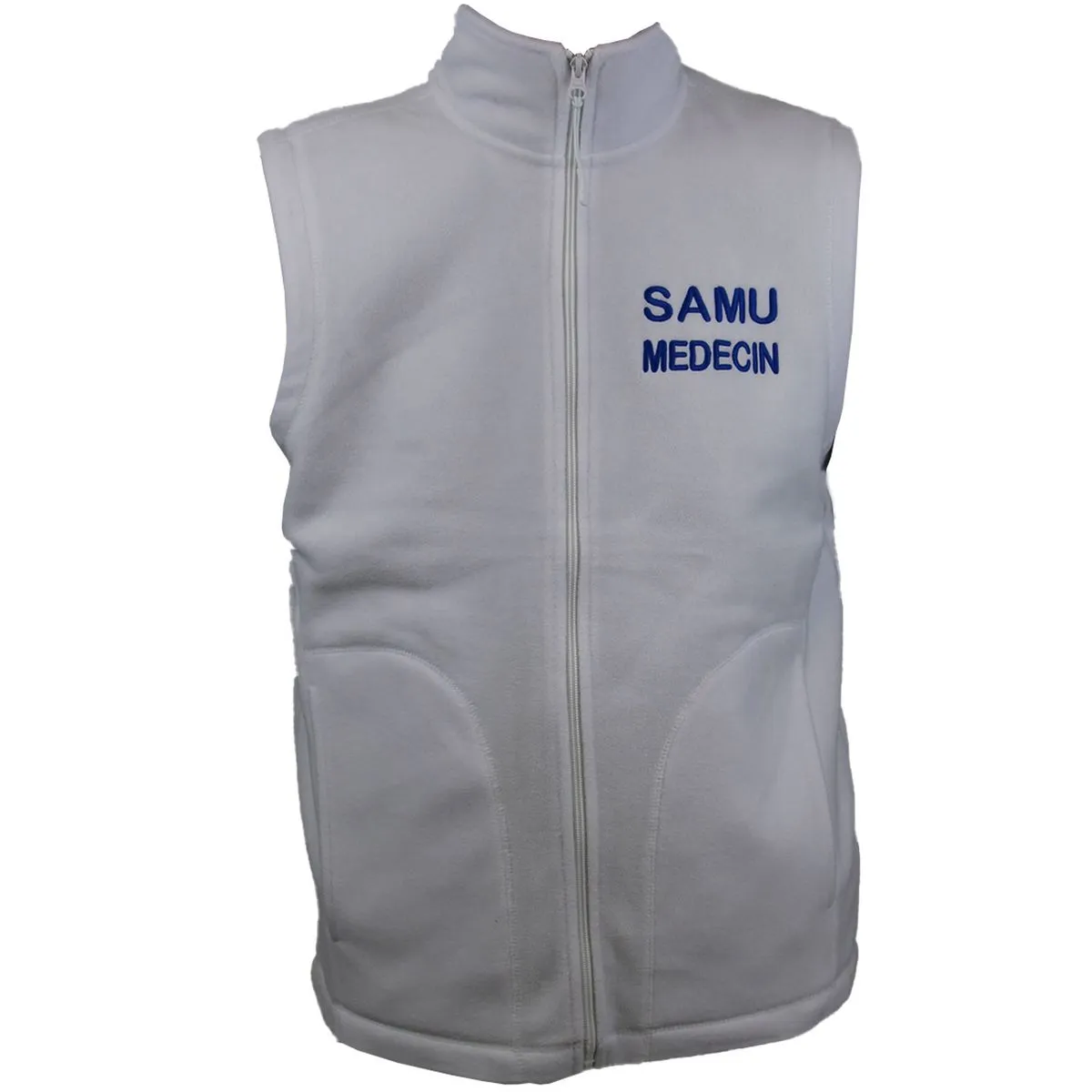 Gilet sans manches micropolaire homme - brodé SAMU MEDECIN recto verso - blanc 