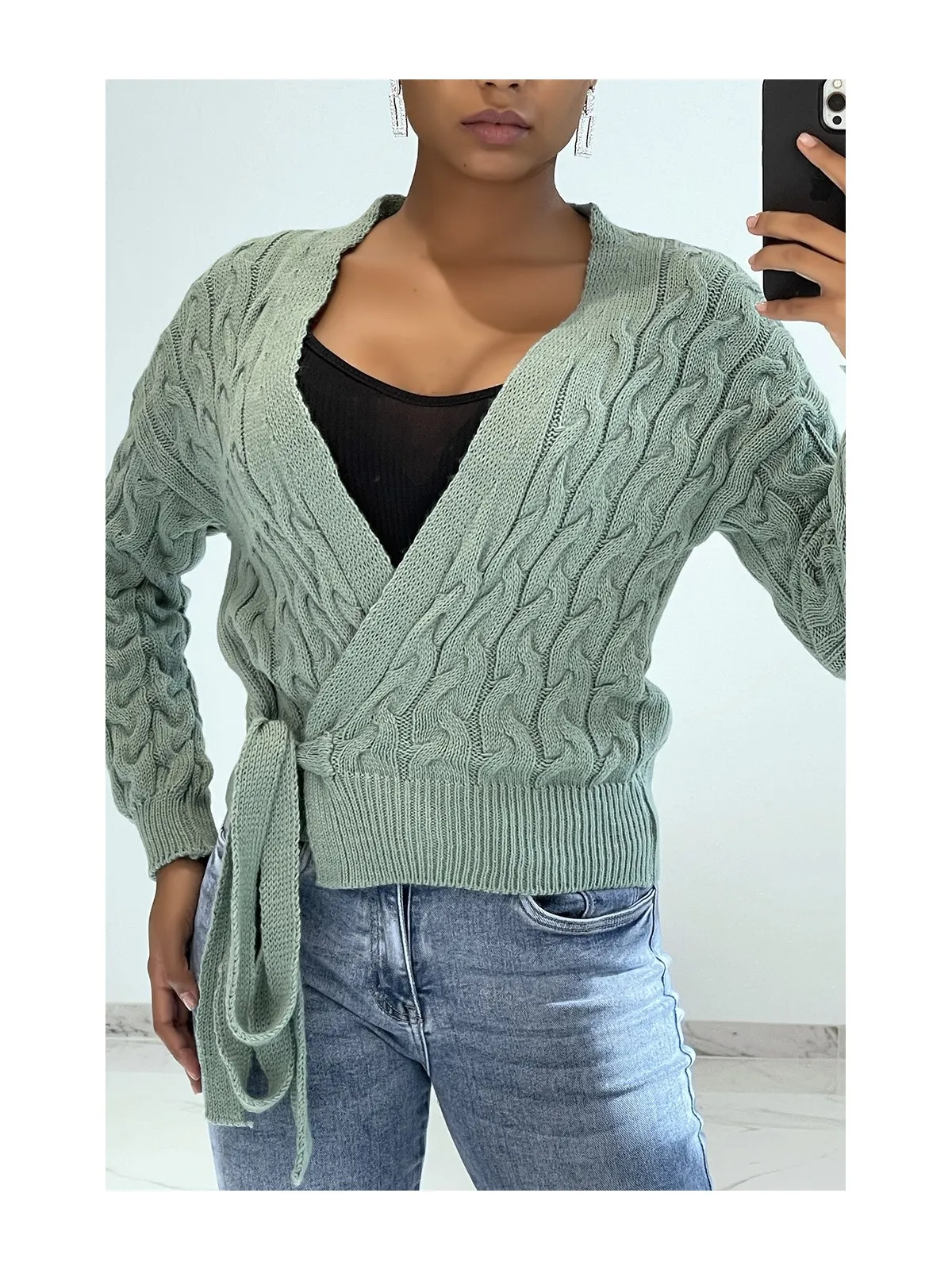 Gilet vert deau en grosse maille cache coeur