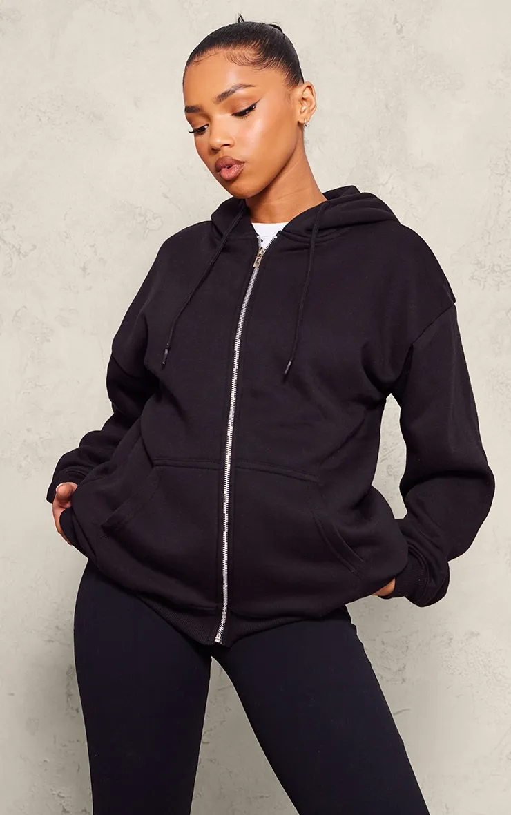 Hoodie noir à devant uni et zip