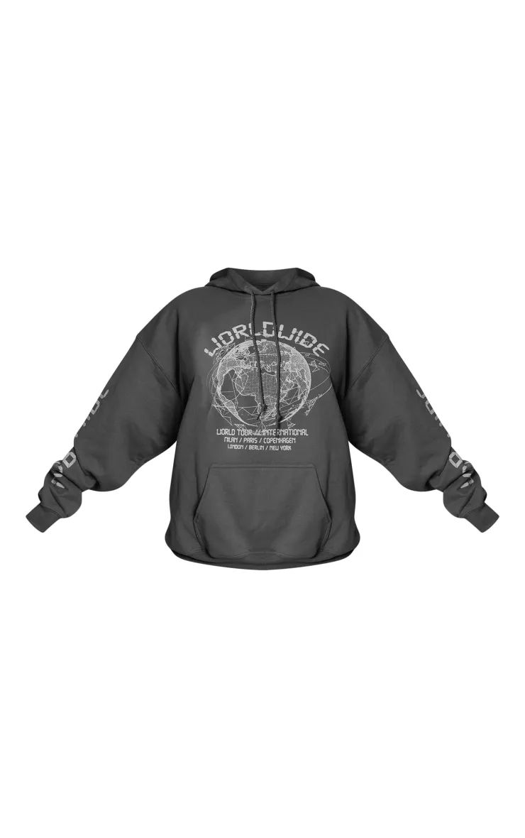 Hoodie oversize gris anthracite à slogan Worldwide