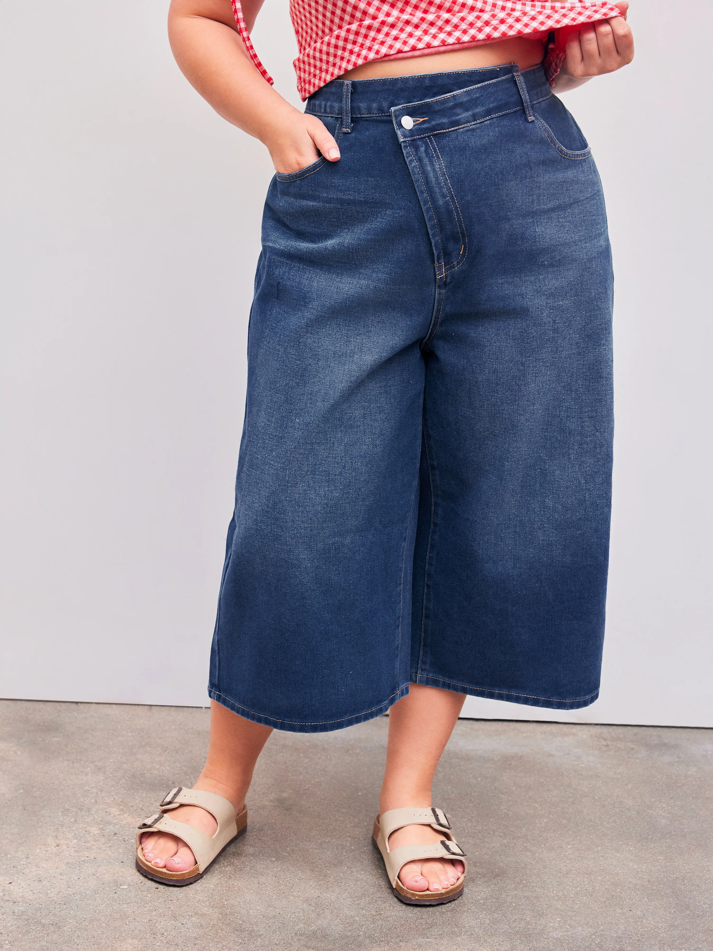 Jeans baggy capris en denim taille moyenne unis Curve & Plus