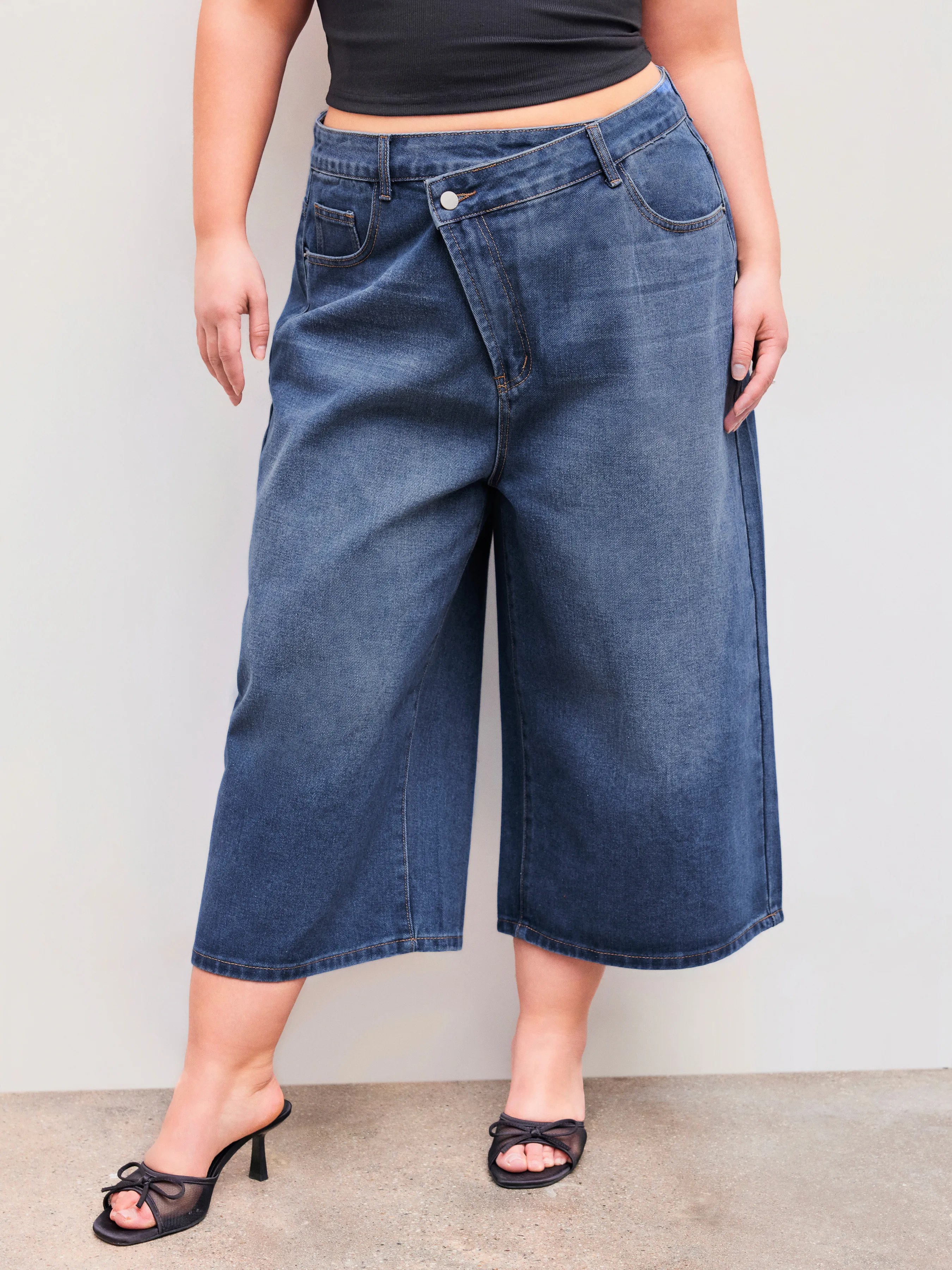 Jeans baggy capris en denim taille moyenne unis Curve & Plus