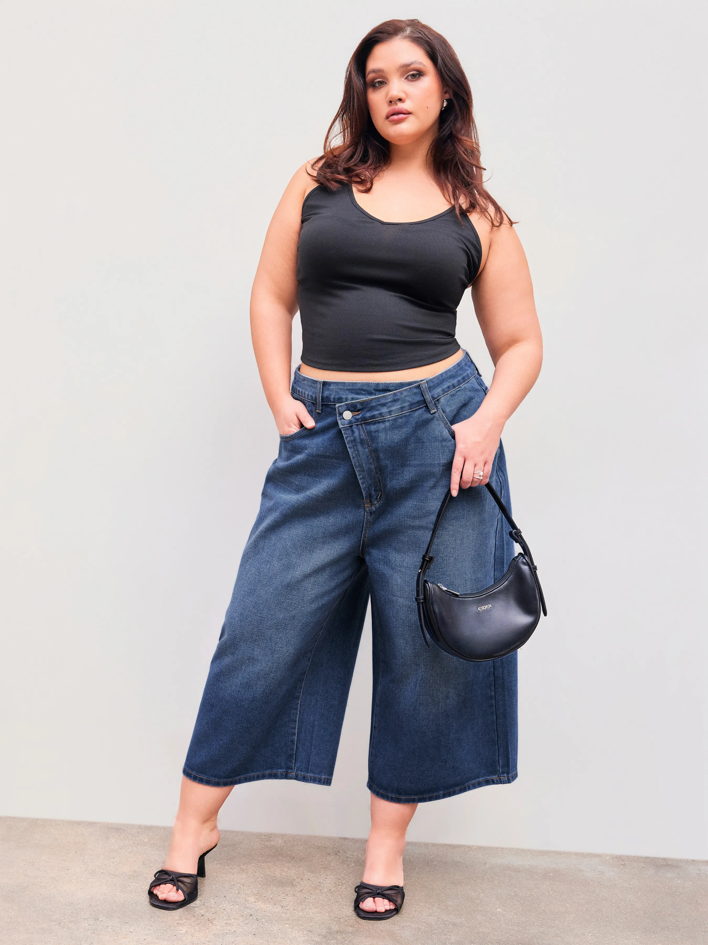 Jeans baggy capris en denim taille moyenne unis Curve & Plus