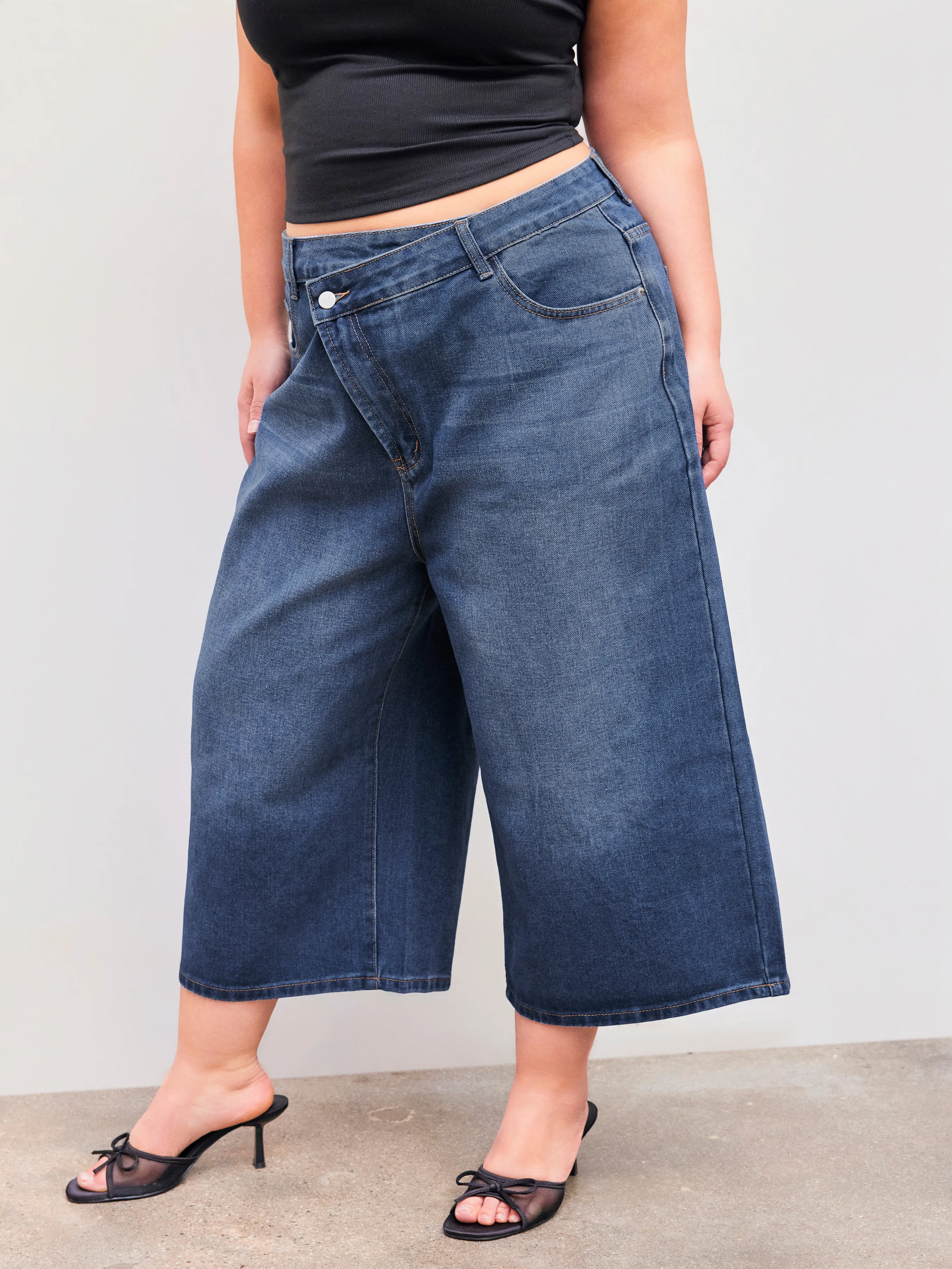 Jeans baggy capris en denim taille moyenne unis Curve & Plus