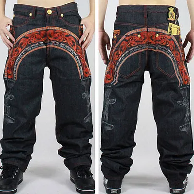 Jeans Baggy Hip Hop Homme avec Broderie Rouge Avant Arrière