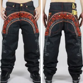 Jeans Baggy Hip Hop Homme avec Broderie Rouge Avant Arrière