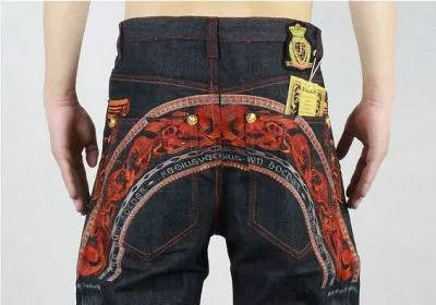 Jeans Baggy Hip Hop Homme avec Broderie Rouge Avant Arrière