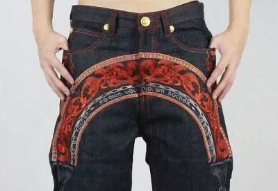 Jeans Baggy Hip Hop Homme avec Broderie Rouge Avant Arrière