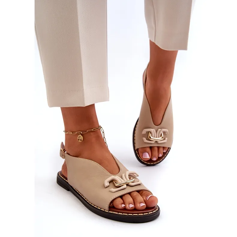 Jezzi Sandales Femme Talon Plat Avec Décoration, Beige Loraeleh