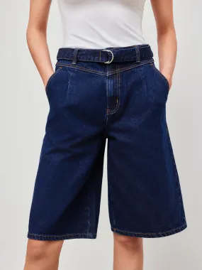 Jorts baggy en denim taille mi-haute unie avec ceinture