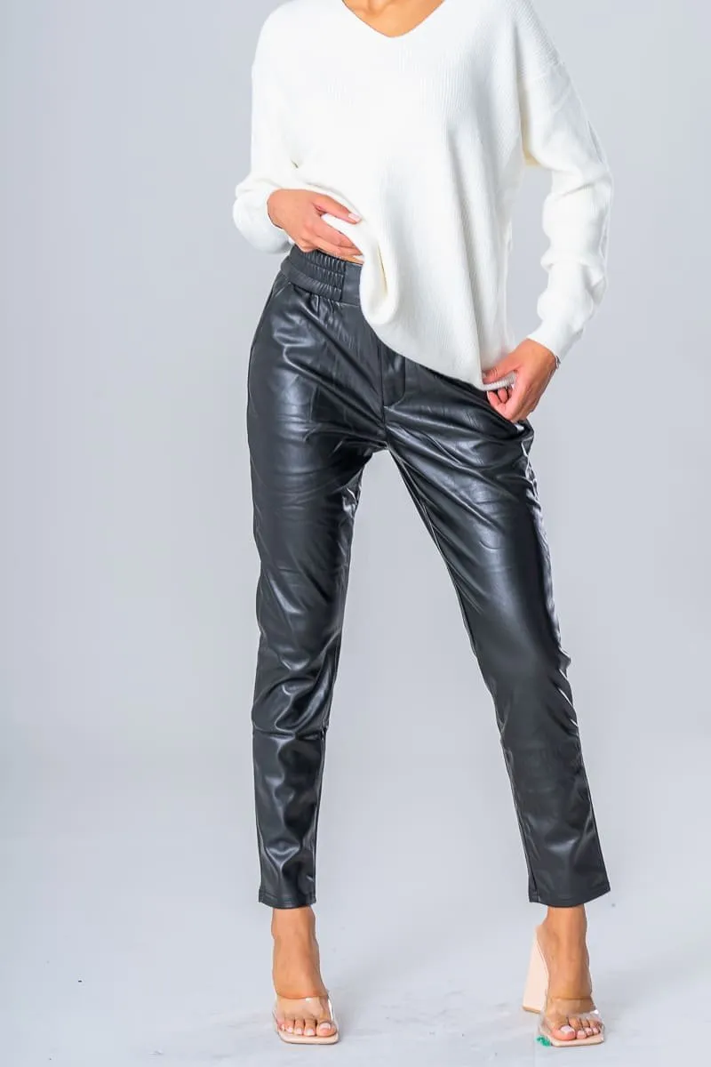 Pantalon cuir vegan 2 boutons noir