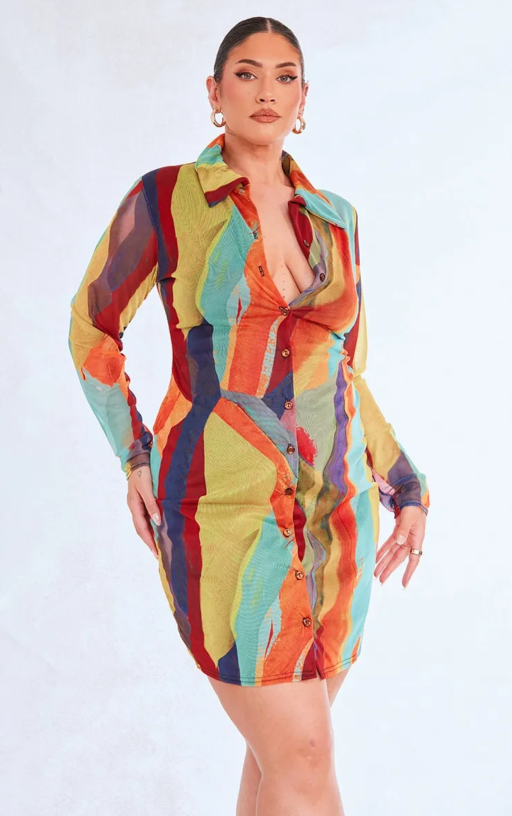 Plus Robe chemise en mesh multicolore abstrait à boutons