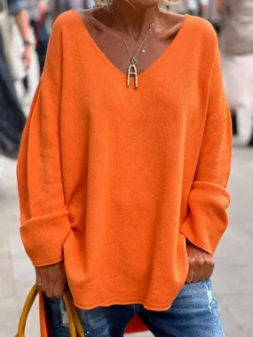 Pull orange en tricot à col en V à manches longues et ourlet plongeant, vêtements pour femmes