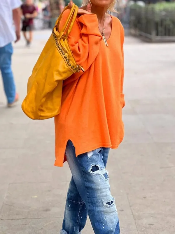 Pull orange en tricot à col en V à manches longues et ourlet plongeant, vêtements pour femmes