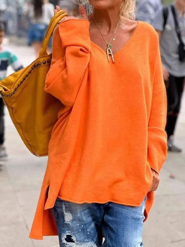 Pull orange en tricot à col en V à manches longues et ourlet plongeant, vêtements pour femmes