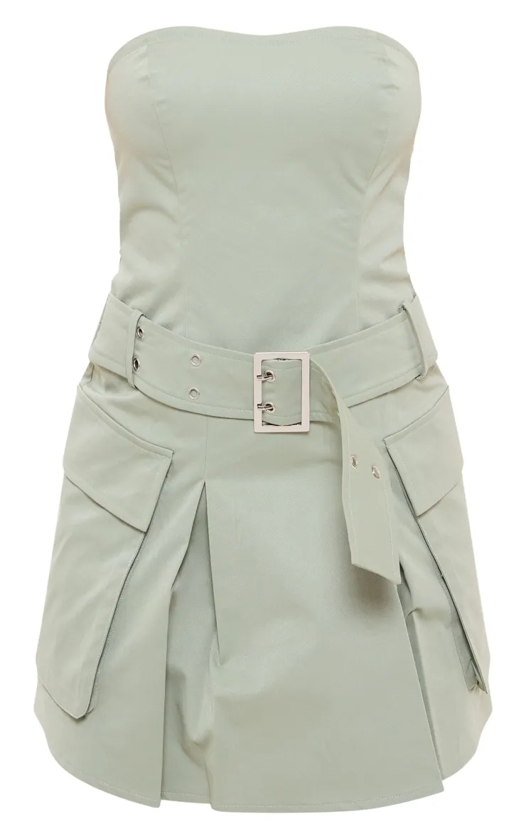 Robe bustier de tailleur tissée vert sauge à détail poches et ceinture