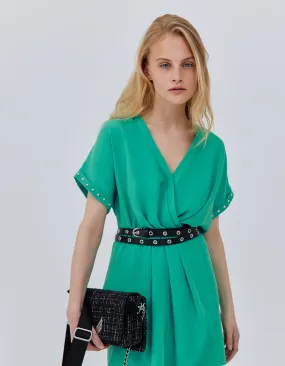 Robe verte forme portefeuille manches cloutées Femme