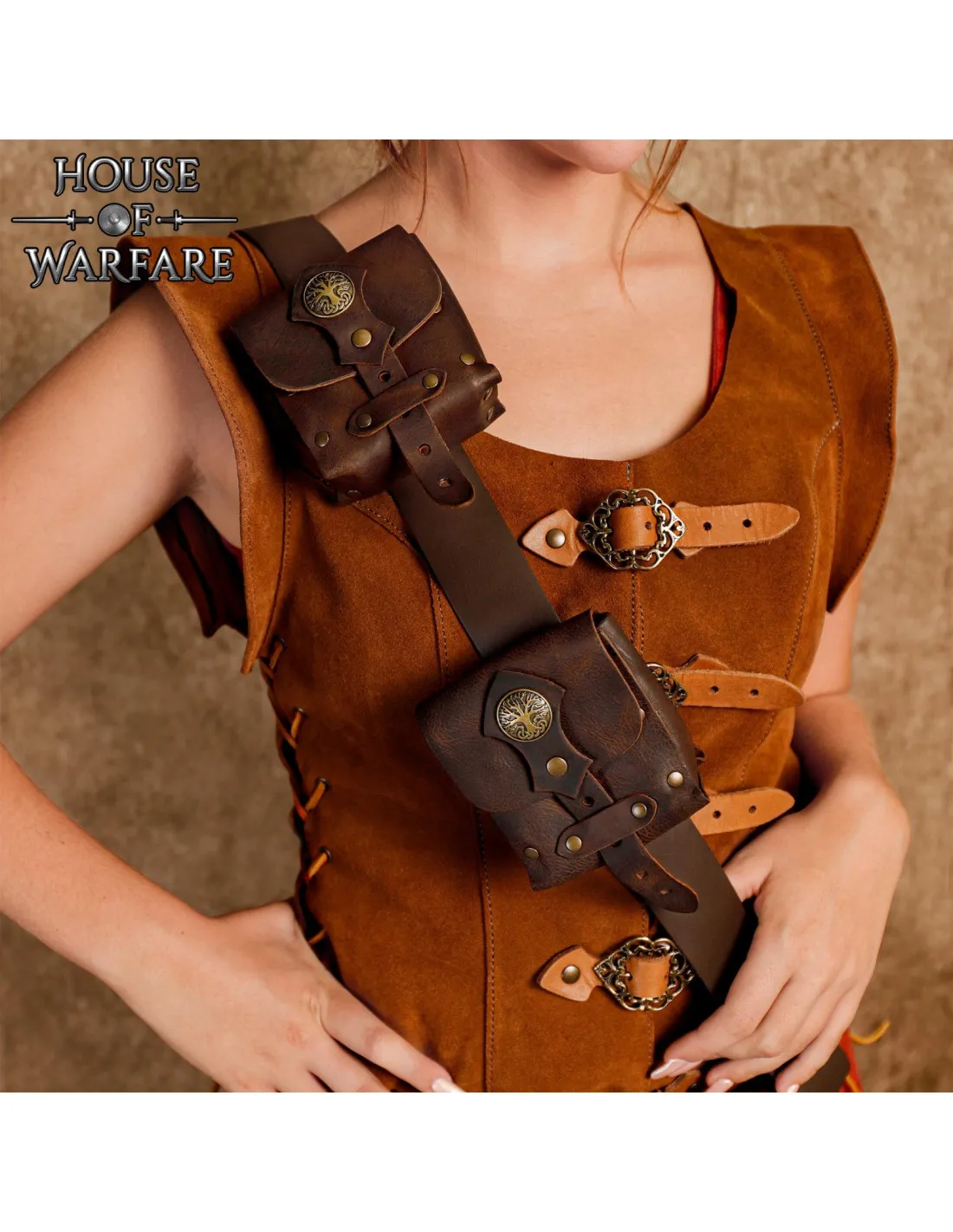 Sac double médiéval sur ceinture bandoulière - marron ⚔️ Boutique Épées