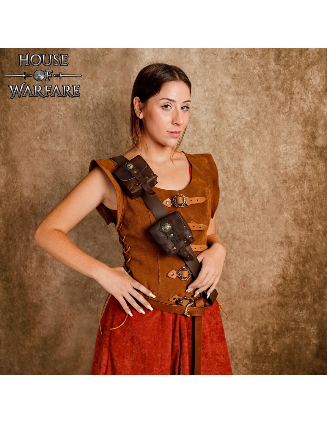 Sac double médiéval sur ceinture bandoulière - marron ⚔️ Boutique Épées