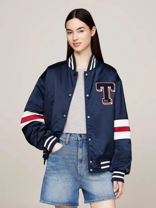 Veste bomber letterman satin bleu marine femme - Tommy Jeans | wimod