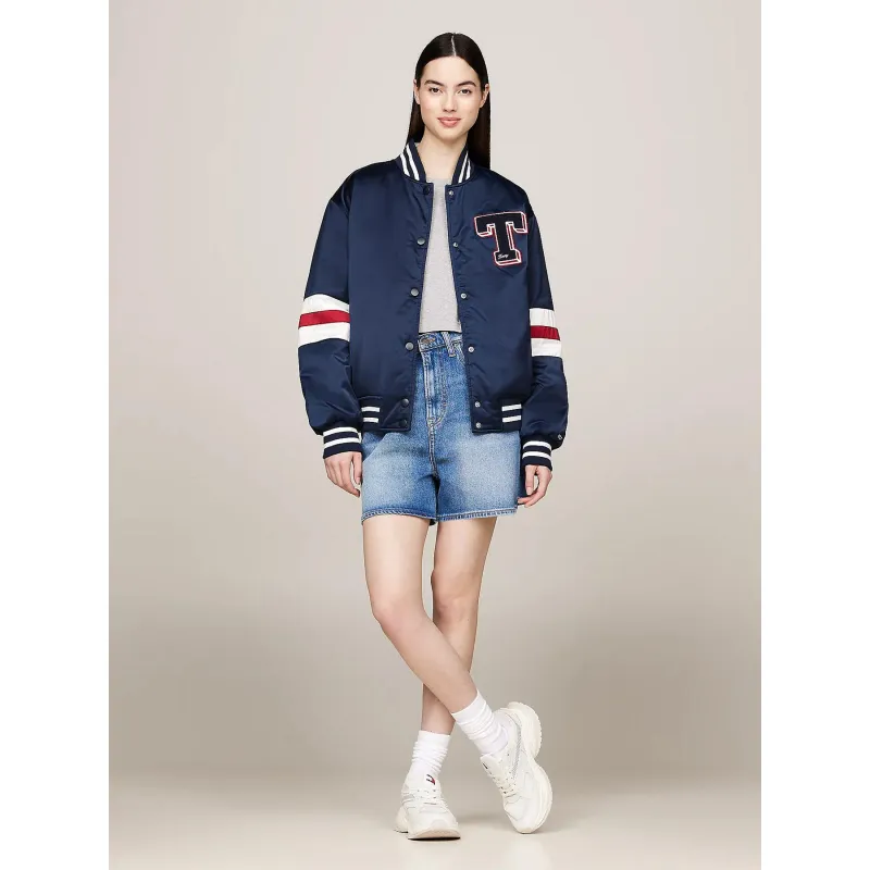 Veste bomber letterman satin bleu marine femme - Tommy Jeans | wimod