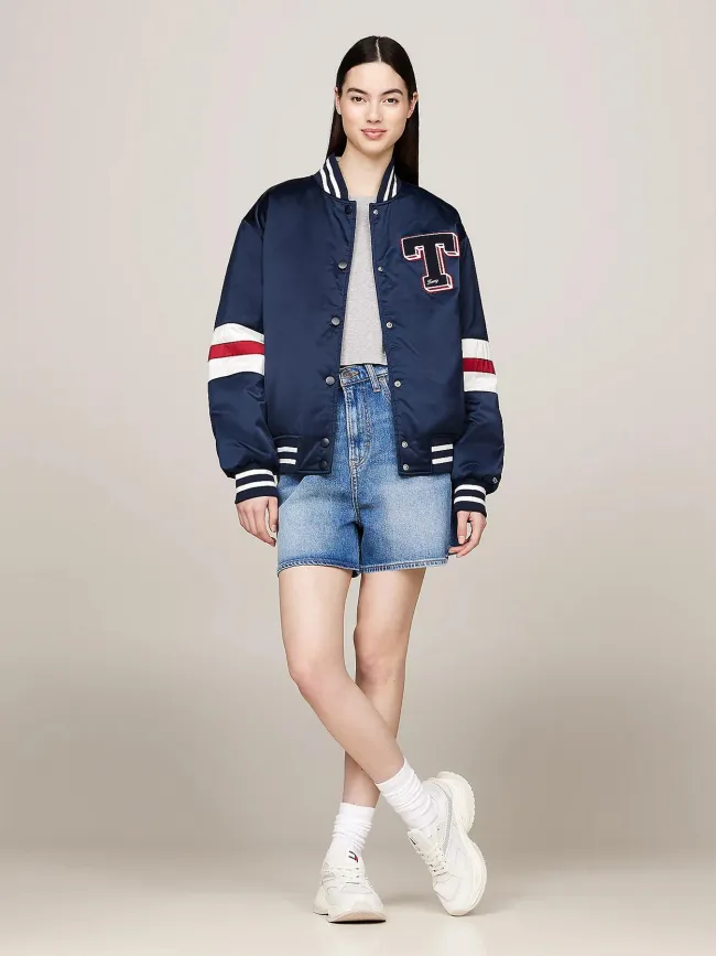 Veste bomber letterman satin bleu marine femme - Tommy Jeans | wimod