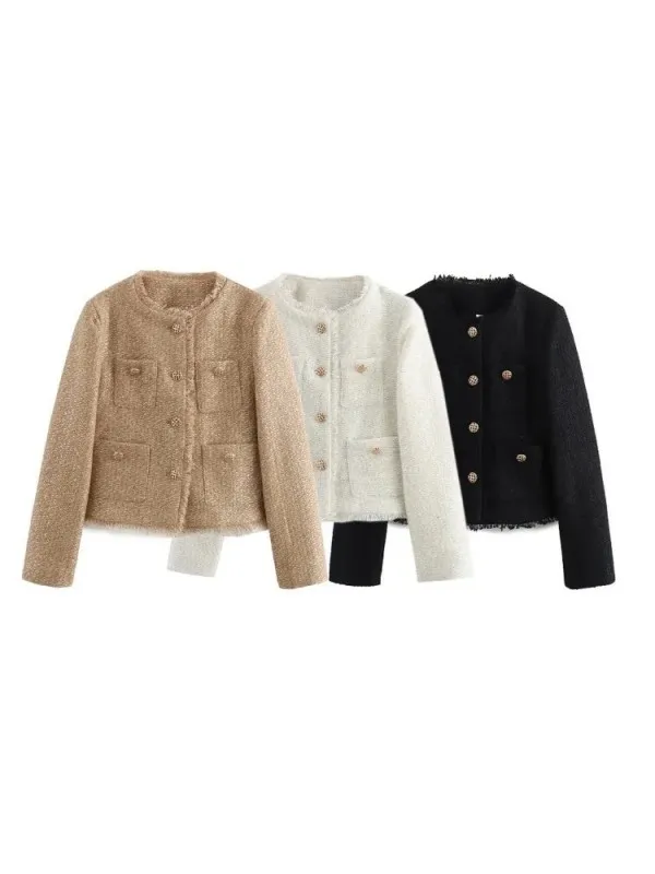 Veste en tweed blanc pour femme, manteau noir chic, vêtements en laine beige, manches longues, bouton avant doré